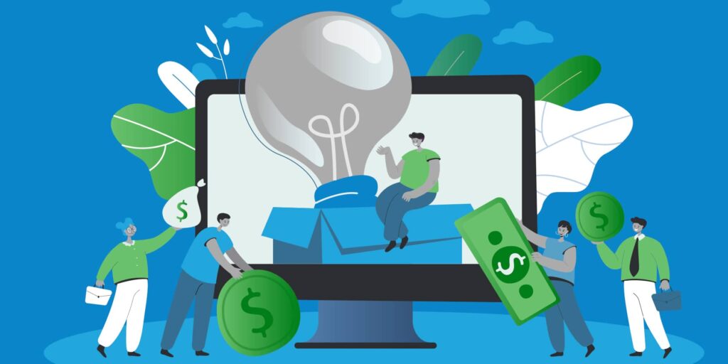 illustration of a desktop computer with a lightbulb extended outside the top of the screen and a man on top of a box surrounded by money