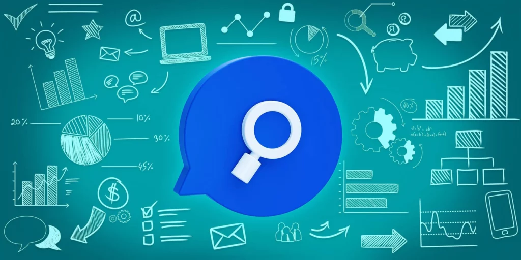 graphic for digital search free webinar which features a white magnifying glass on blue background